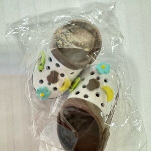 Labubu toy White and Brown Croc with Floral Accents